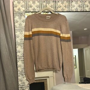 Faherty Beige Crewneck Sweater with Mustard, Cream & Gray Stripes